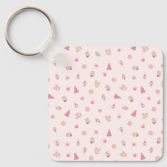 Cozy Pink Christmas Pattern Keychain (Front)