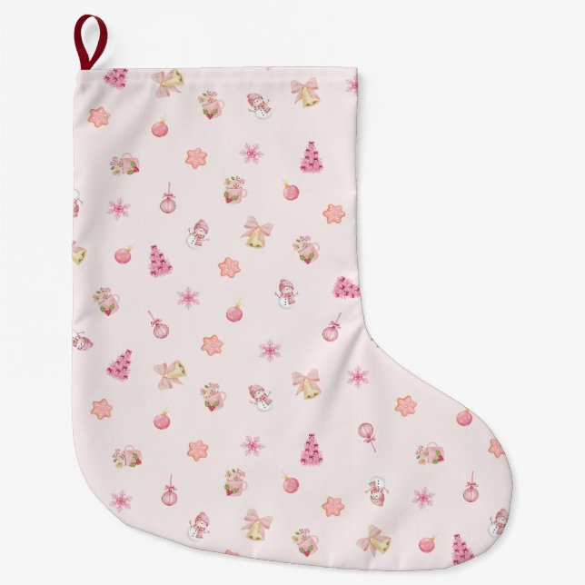 Cozy Pink Christmas Pattern Large Christmas Stocking (Front)