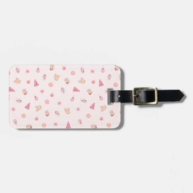 Cozy Pink Christmas Pattern Luggage Tag (Front Horizontal)
