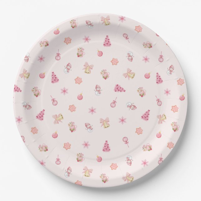Cozy Pink Christmas Pattern Paper Plates (Front)