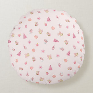 Cozy Pink Christmas Pattern Round Pillow
