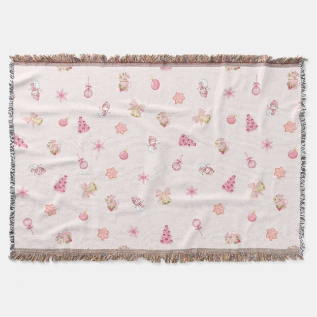 Cozy Pink Christmas Pattern Throw Blanket (Front)
