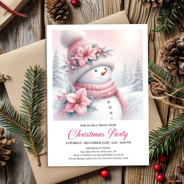 Cozy Pink Coquette Snowman Editable Christmas Kids Invitation (Cozy Pink Coquette Snowman Editable Christmas Kids Invite)