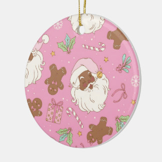 Cozy Pink Pastel Black Santa & Bow Christmas Ceramic Ornament