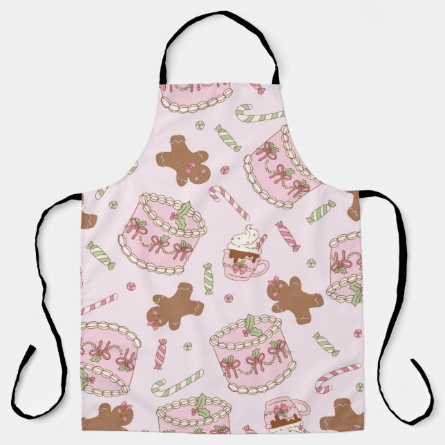 Cozy Pink Pastel Cake & Bow Christmas Apron (Front)