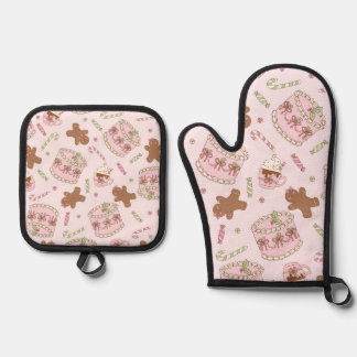 Cozy Pink Pastel Cake & Bow Christmas Apron Oven Mitt & Pot Holder Set