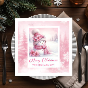 Cozy Pink Snowman Kids Pinkmas Winter Forest Scene Napkins