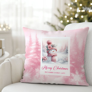 Cozy Pink Snowman Winter Scene Christmas Pillow