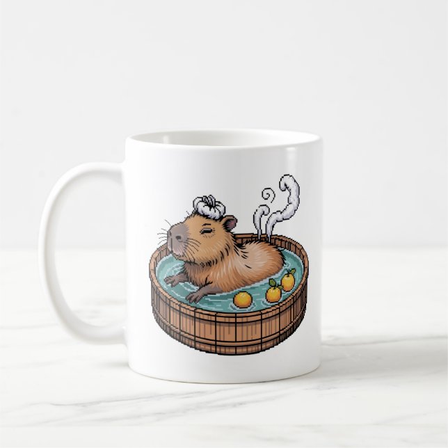 Cozy Pixel Art Zen Capybara Hot Spring Coffee Mug (Left)