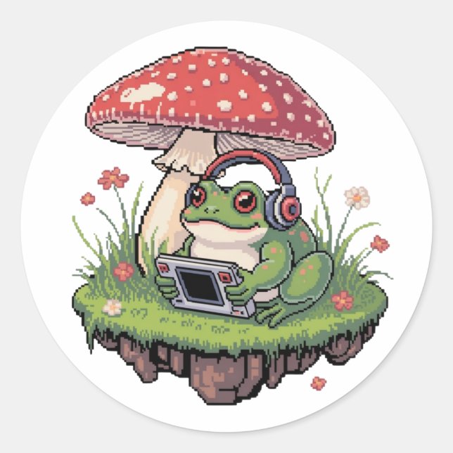 Cozy Pixel Gamer Frog Mushroom Classic Round Sticker (Front)
