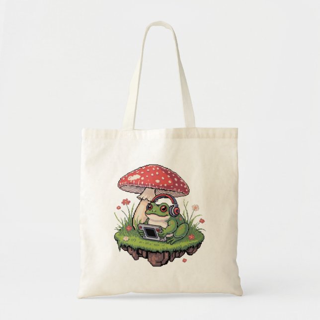 Cozy Pixel Gamer Frog Mushroom Tote Bag (Front)