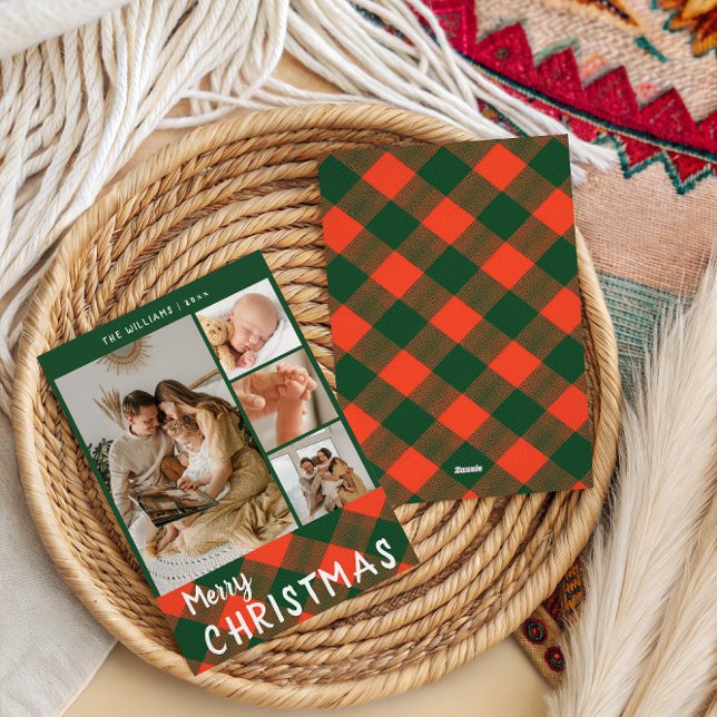 Cozy Plaid Family Collage Merry Christmas Holiday Card (Creator Uploaded)