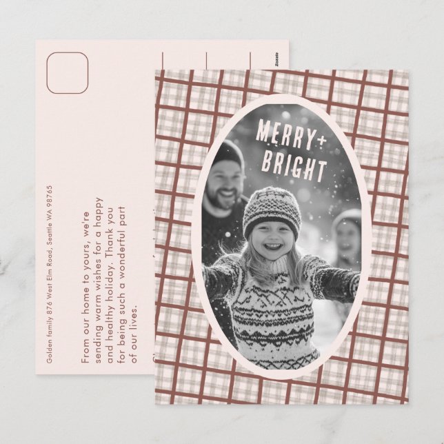 Cozy Plaid Gingham Christmas Custom Photo Collage Holiday Postcard (Front/Back)