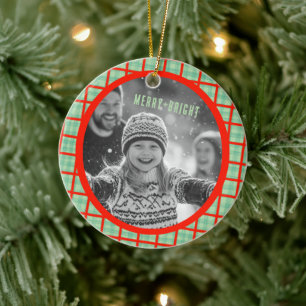 Cozy Plaid Gingham Christmas Custom Photos Ceramic Ornament