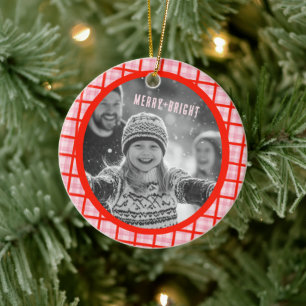 Cozy Plaid Gingham Christmas Custom Photos Ceramic Ornament