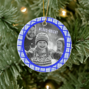Cozy Plaid Gingham Christmas Custom Photos Ceramic Ornament