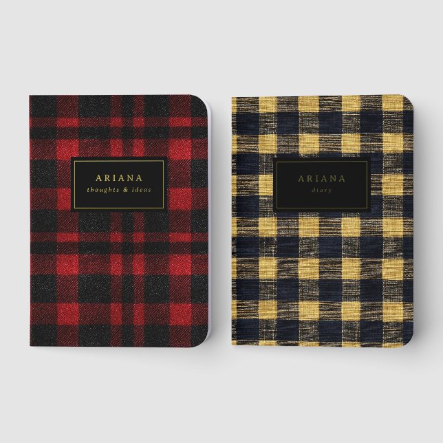 Cozy Plaid Gold Foil Custom Name Notebook (Front)