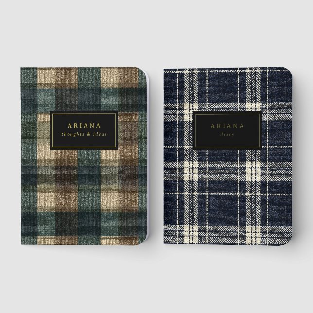 Cozy Plaid Gold Foil Custom Name Notebook (Front)