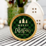 Cozy Plaid | Green and Black Buffalo Plaid Classic Round Sticker<br><div class="desc">Show off your Christmas spirit with rustic holiday stickers. The Cozy Plaid stickers feature a green and black buffalo plaid pattern background, faux gold foil graphics and text that say "Merry Christmas", and your custom text below. The Christmas stickers are perfect to use as envelope seals, party favors, and more....</div>