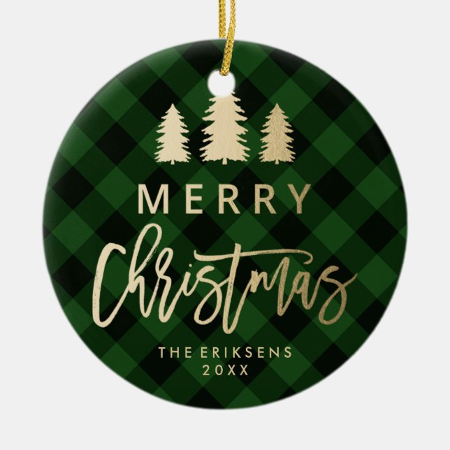 Cozy Plaid | Green and Black Buffalo Plaid Photo Ceramic Ornament (Front)