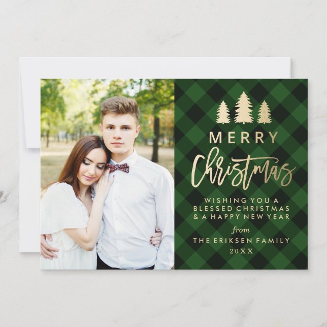 Cozy Plaid Holiday Photo Card in Green (Front)
