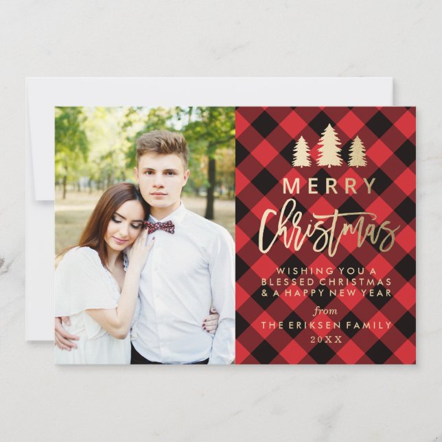 Cozy Plaid Holiday Photo Card in Red (Front)