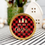 Cozy Plaid | Red and Black Buffalo Plaid Classic Round Sticker<br><div class="desc">Show off your Christmas spirit with rustic holiday stickers. The Cozy Plaid stickers feature a red and black buffalo plaid pattern background, faux gold foil graphics and text that say "Merry Christmas", and your custom text below. The Christmas stickers are perfect to use as envelope seals, party favors, and more....</div>