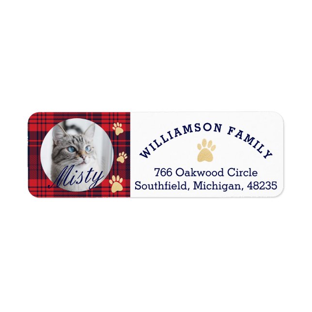 Cozy Plaid Red & Blue Paw Print Pet Photo Label (Front)