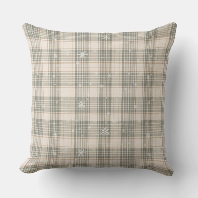 Cozy Plaid & Snowflake Winter Home Décor Throw Pillow (Front)