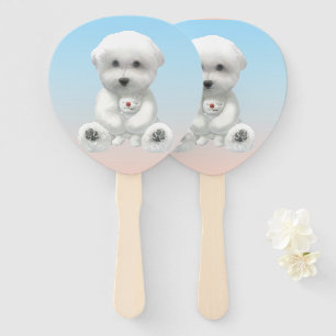 Cozy Plush Moment: Smiling Bichon Hugging Mini Pup Hand Fan