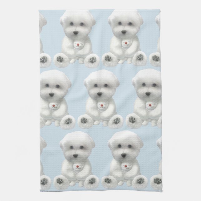 Cozy Plush Moment: Smiling Bichon Hugging Mini Pup Kitchen Towel (Vertical)