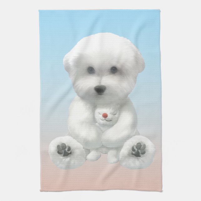 Cozy Plush Moment: Smiling Bichon Hugging Mini Pup Kitchen Towel (Vertical)