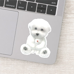 Cozy Plush Moment: Smiling Bichon Hugging Mini Pup Sticker
