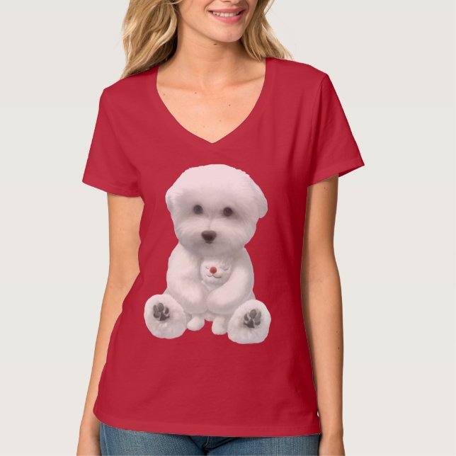 Cozy Plush Moment: Smiling Bichon Hugging Mini Pup T-Shirt (Front)