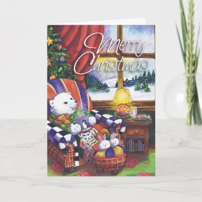 Cozy Polar Bear, Merry Christmas Holiday Card (Front)