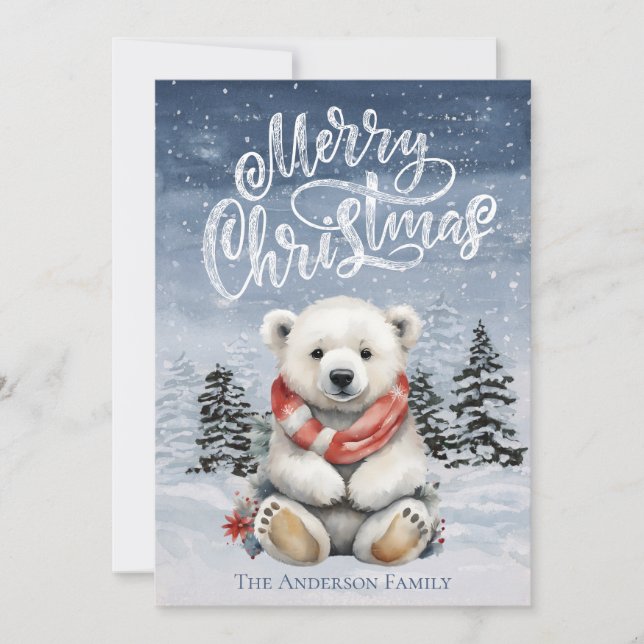 Cozy Polar Bear with Red Scarf Christmas Card (Front)