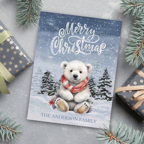 Cozy Polar Bear with Red Scarf Flat Christmas  Holiday Postcard