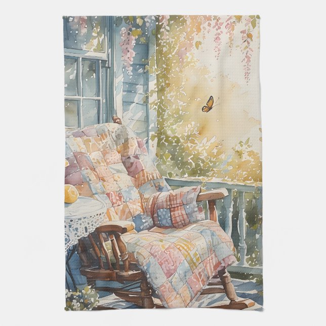 Cozy Porch with Quilt and Lemonade Charm Kitchen Towel (Vertical)