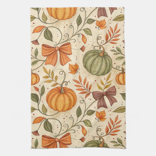 Cozy Pumpkin Botanical Autumn Seamless Pattern Kitchen Towel