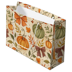 Cozy Pumpkin Botanical Autumn Seamless Pattern Large Gift Bag