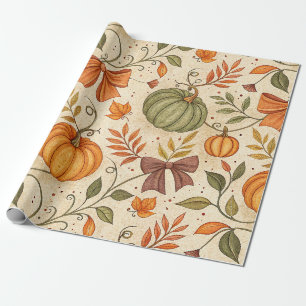 Cozy Pumpkin Botanical Autumn Seamless Pattern Wrapping Paper