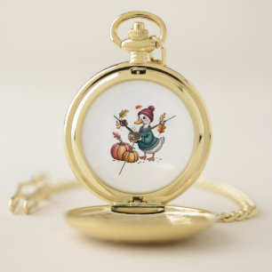 Cozy Pumpkin Coffee Goose Fall Art Pocket Watch