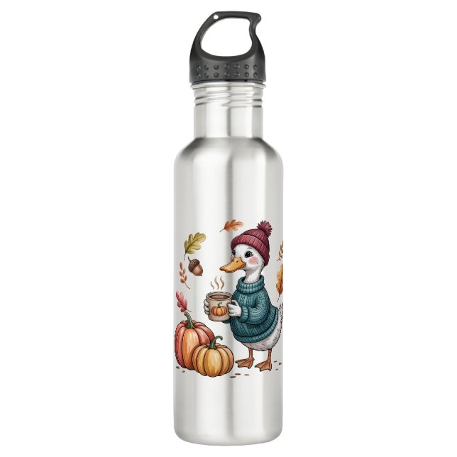Cozy Pumpkin Coffee Goose Fall Art Stainless Steel Water Bottle (Front)