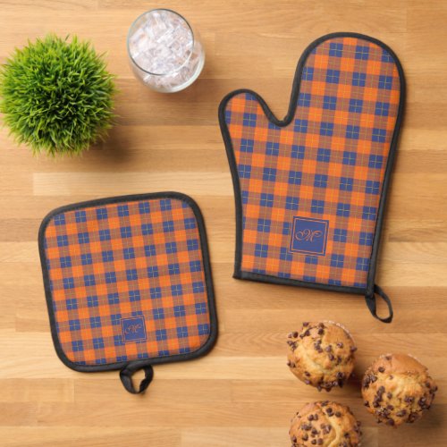 Cozy Pumpkin Orange Blue Tartan Plaid Monogrammed Oven Mitt  Pot Holder Set