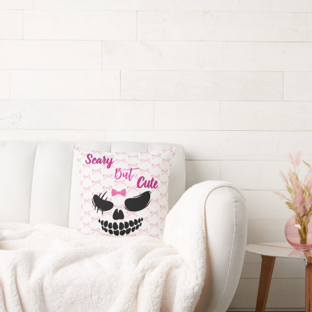 Cozy Pumpkin & Pink Bow Throw Pillow (Couch)