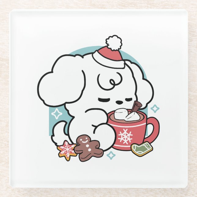 Cozy Puppy Dreams – Hot Chocolate and Christmas Glass Coaster (Front)