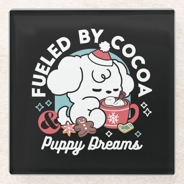 Cozy Puppy Dreams – Hot Chocolate and Christmas Glass Coaster (Front)