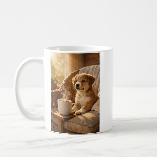 Cozy Puppy with Coffee Mug – Sunny Morning Design (Left)