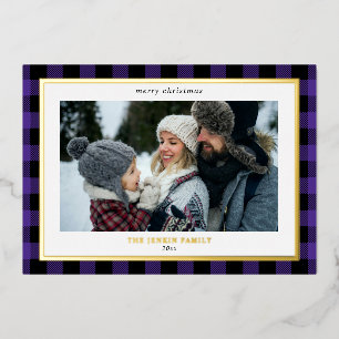 Cozy Purple Black Plaid Border 3 Photos Christmas Foil Holiday Card