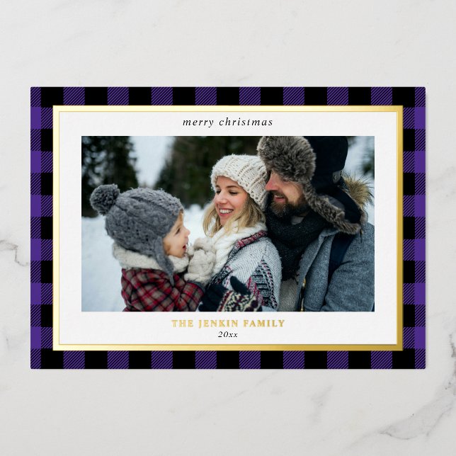Cozy Purple Black Plaid Border 3 Photos Christmas Foil Holiday Card (Front)